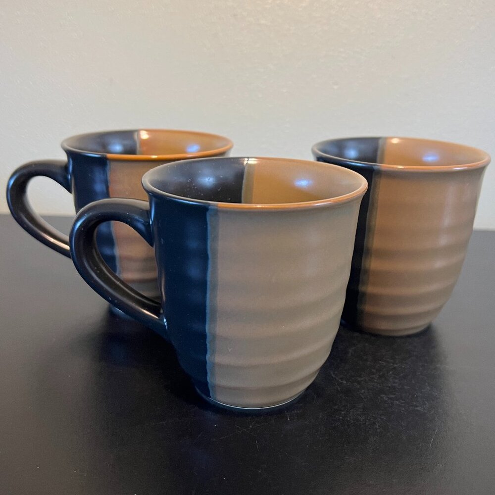 Vintage SANGO Gold Dust Black Tricolor Stoneware Coffee Mugs Set of 3 Cups 12oz
